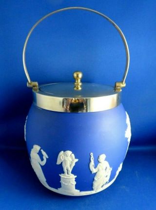 Antique Late 19thc Wedgwood Dark Blue Jasperware Biscuit Barrel C1900