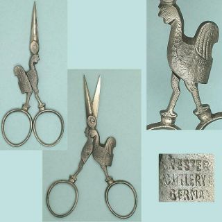 Antique Figural Rooster Steel Embroidery Scissors Germany Circa 1900s