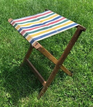 Vintage 1950’s Retro Stripped Canvas & Wood Folding Portable Fishing Seat Chair