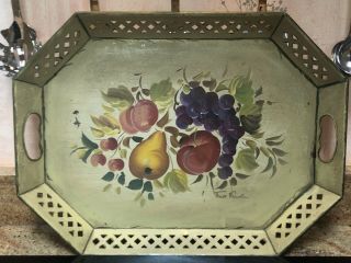 Vintage Nashco Fred Austin Signed Hand Painted Fruit Toleware Tole Metal Tray