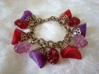 Vintage Gold Tone Bracelet Fuchsia Red And Purple Amethyst Plastic Charms