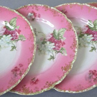 4 Pretty Antique German Pink Porcelain Plates Hydrangeas " Carmen " Ohme Hermann