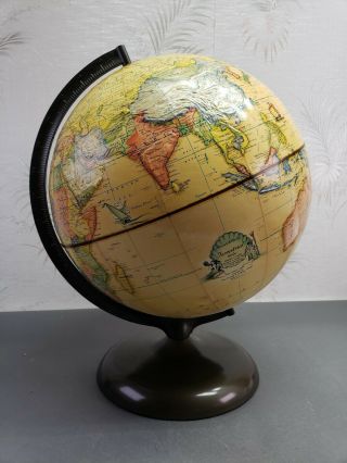 Vintage Rand Mcnally 12 " Topographical Globe W/ Metal Base Art Deco Made In Usa