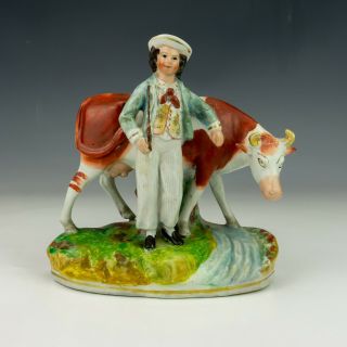 Antique Staffordshire Pottery Man With Cow Figure - The Milk Man - Lovely