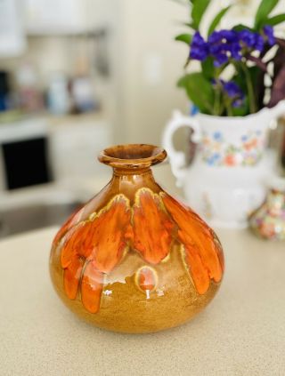 Vintage Bar Harbor Maine Pottery Orange Brown Drip Glaze Bud Vase