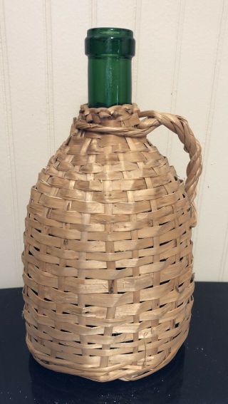 Vintage Wicker Wrap Covered Green Glass Wine Bottle Handle 9 "