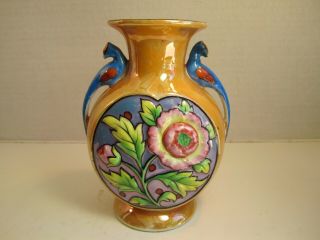 Vtg Made In Japan Art Deco Bird Handles & Flowers Decorative Porcelain Vase