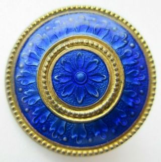 Remarkable Antique Vtg Guilloche Enamel Button Vibrant Cobalt Blue 1 - 1/8 " (j)