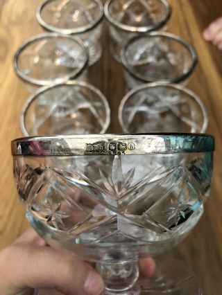8 X Antique Crystal Bowls (goblets) With 925 Sterling Silver Rims
