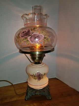 Vintage 18.  5 " Floral Hurricane Gone With The Wind Glass Table Lamp