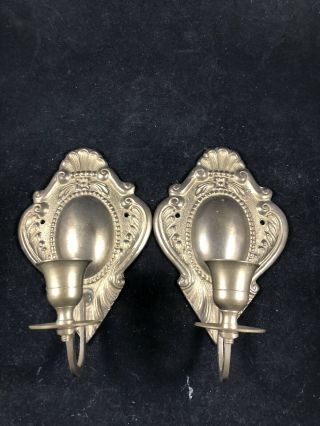 Set Of 2 Vintage Solid Brass Wall Sconces Candle Holders Candlesticks