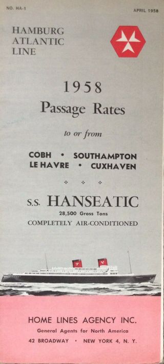 Hamburg Atlantic Line,  Passenger Fare Brochure,  1958,  Ocean Liner,  Ss Hanseatic