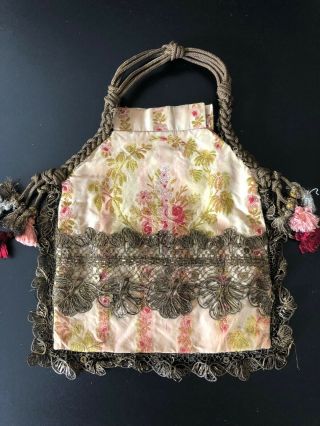 Antique Textiles - Pretty French Silk Brocade Purse W/metallic Fringe,  Tassels