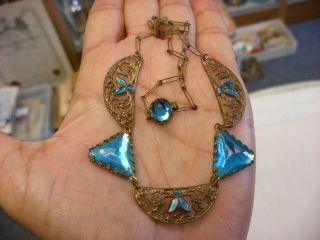Antique Vtg Art Deco Enameled Blue Stones/glass Necklace 1026