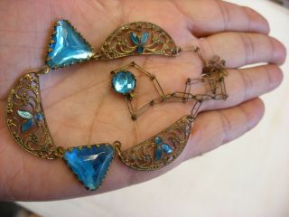 Antique Vtg Art Deco Enameled Blue Stones/Glass Necklace 1026 2