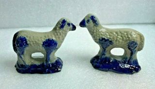 Vintage Beaumont Brothers Pottery Sheep Lamb Bbp Salt Glazed Blue (2) Pair