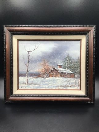 Vintage Signed Roz Arie Oil Paintng Snowy Barn 8 X 10
