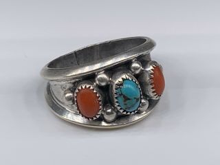 Antique Navajo Sterling Silver /925 Turquoise And Coral Ring Sz 8.  5