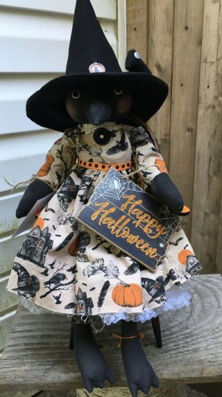 Primitive Halloween Black Bird Crow & Baby Doll Antique Button,  Lace,  Crinoline
