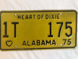 Alabama Vintage License Plate 1975 Heart Of Dixie.  Yellow
