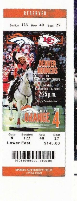 2014 Denver Broncos Vs Kansas City Chiefs Ticket Stub 9/14 Peyton Manning