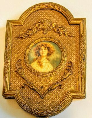 Antique French Dore Bronze Portrait Hand Mirror Lady Celluloid Portait 8 3/4 "