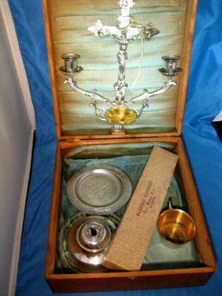 Antique Oak Catholic Sick Call/ Last Rites Box With Candelabra & Blessed Candles
