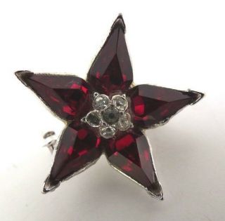 Vintage Red Rhinestones Star Brooch Pin Red Glass Clear Rhinestnes Center 1 " Acr