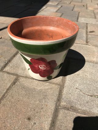 Vintage Stangl Pottery Hand Painted Red Rose With Green Planter Pot
