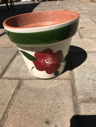 Vintage Stangl Pottery Hand Painted Red Rose With Green Planter Pot 2