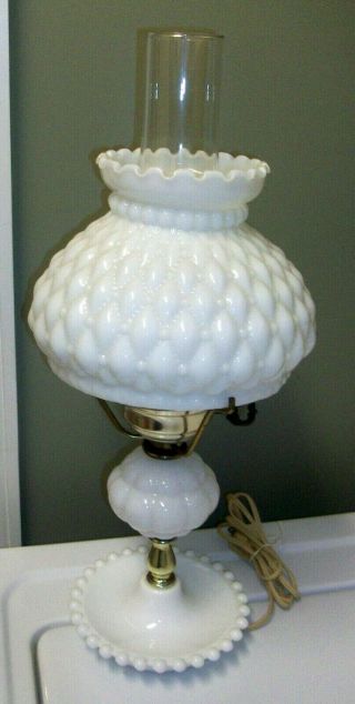 Vintage 8 " Hobnail White Milk Glass Hurricane Table Lamp 18 " Tall
