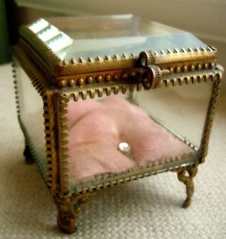 Antique French Gilt Brass Beveled Glass Jeweled Tufted Pillow Jewelry Casket