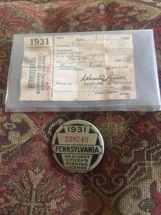 Vintage 1931 Pa Pennsylvania Fishing License Resident Button Pin