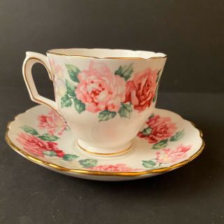 Vtg Crown Staffordshire Bone China Tea Cup & Saucer Set Pink & White Floral