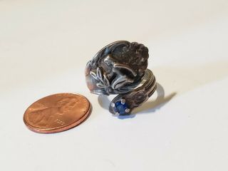 Vintage Unique Sterling Silver Spoon Ring With Lady And Stone