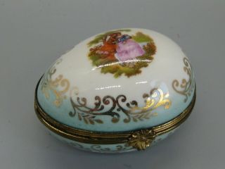 Antique Limoges Hand Painted Porcelain Fragonard Couple Egg Trinket Box France