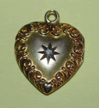 Antique 10k Gold Diamond Puffed Heart Locket Pendant,  Monogrammed - 3.  0gr
