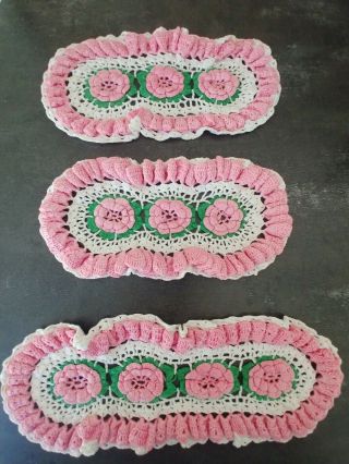 3 Vintage Hand Crocheted Pink White Green Flower Table Runner Accent 3d Easter