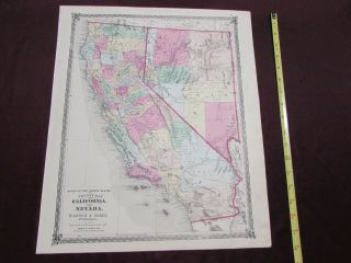 1875 Hand - Tinted Map,  County Map Of California & Nevada,  Vg,