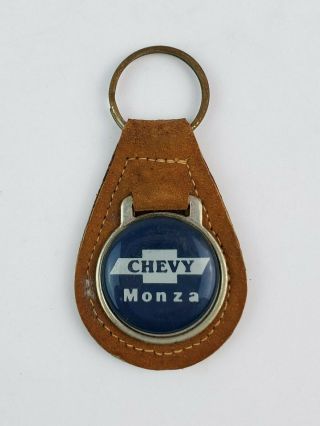 Vintage Chevy Monza Leather Keychain Key Ring Tan Leather With Blue Face