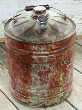 Vintage Galvanized Gas Can 2 Gallon? Faded Red Wooden Handle