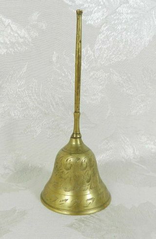 Vintage Solid Brass Hand Bell Etched 6.  25 " H