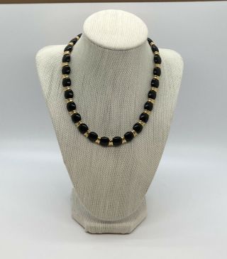 Vintage Monet Black Bead Necklace On Gold Tone Chain Fold Over Clasp 16”