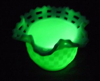 Vintage Glassware Fenton Lime Green Uranium Glass Water Basket Wave Bowl Lace