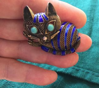 Antique Chinese Filigree Silver And Enamel Cat Turquoise Eyes -