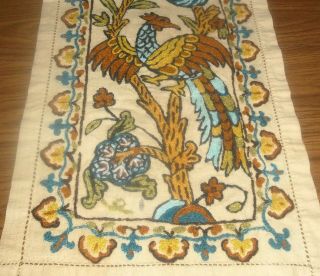 Vtg Crewel Embroidery Phoenix Birds Table Runner Wall Hanging British India Atc