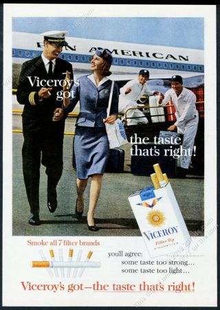 1963 Pan Am Airlines Stewardess Pilot Plane Photo Viceroy Cigarettes Print Ad