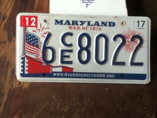 License Plate Tag Maryland Md 6 Ce 8022 2017 War Of 1812 Vintage Rustic