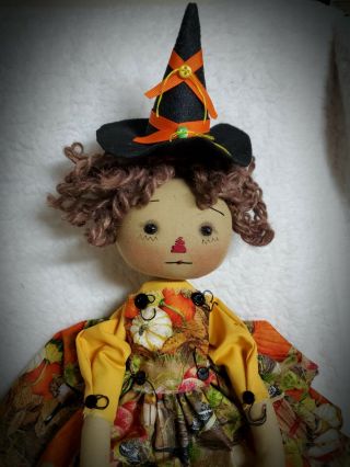 Primitive Folk Art Raggedy Ann " Halloween - Fall " Doll/ Pumpkin Dress/witch Hat16 "