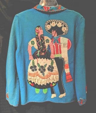 Vtg 1940’s Turquoise Wool Embroidered Collectible Mexican Folk Art Jacket Womens